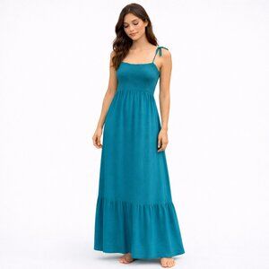 Womens Sleeveless Smocked Maxi Dress Size M Ruffle Teal Cottagecore‎ Fairy Boho